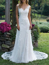 Wedding Dress Lace Chic V-Neck Sleeveless Column Long Bridal Gown With Court Train