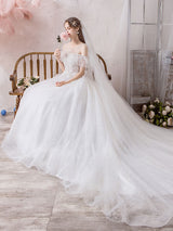 Wedding Dress Princess Silhouette Jewel Neck Short Sleeves Cathedral Train Bridal Gowns