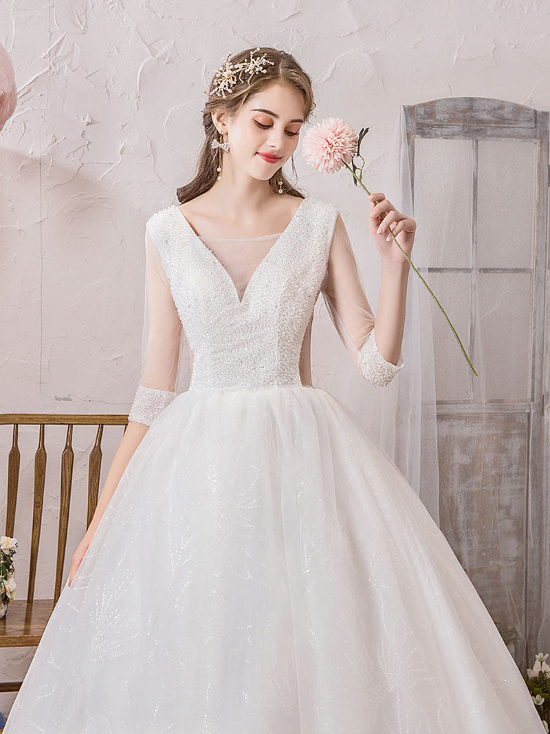 Wedding Dress Princess Silhouette Long Chic V-Neck Sleeveless Beaded Lycra Spandex Bridal Gowns