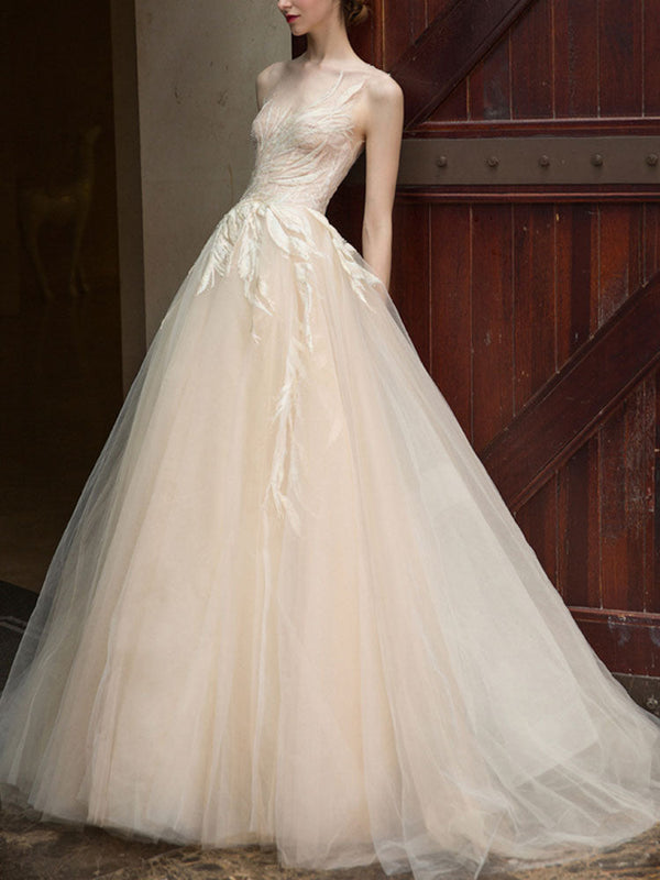 Wedding Dress Princess Silhouette Long Jewel Neck Sleeveless Lace Tulle Bridal Gowns