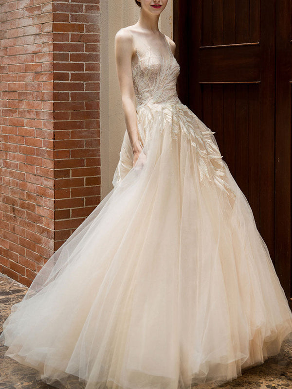 Wedding Dress Princess Silhouette Long Jewel Neck Sleeveless Lace Tulle Bridal Gowns