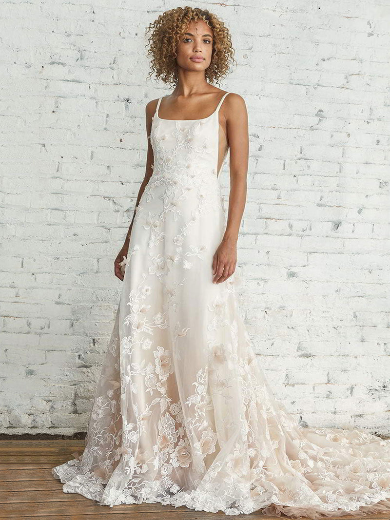Wedding Dress With Train A-line Sleeveless Square Neck Lace Bridal