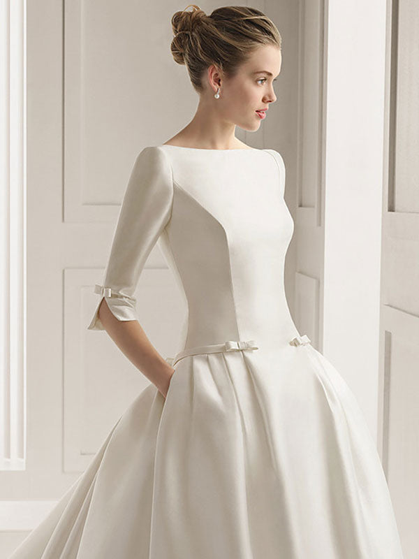 Wedding Dresses A-Line Chapel Bateau Neck Train 3/4 Length Sleeves Bows Satin Fabric White Bridal Gowns