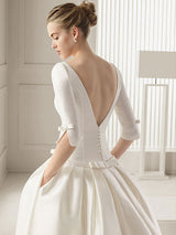 Wedding Dresses A-Line Chapel Bateau Neck Train 3/4 Length Sleeves Bows Satin Fabric White Bridal Gowns