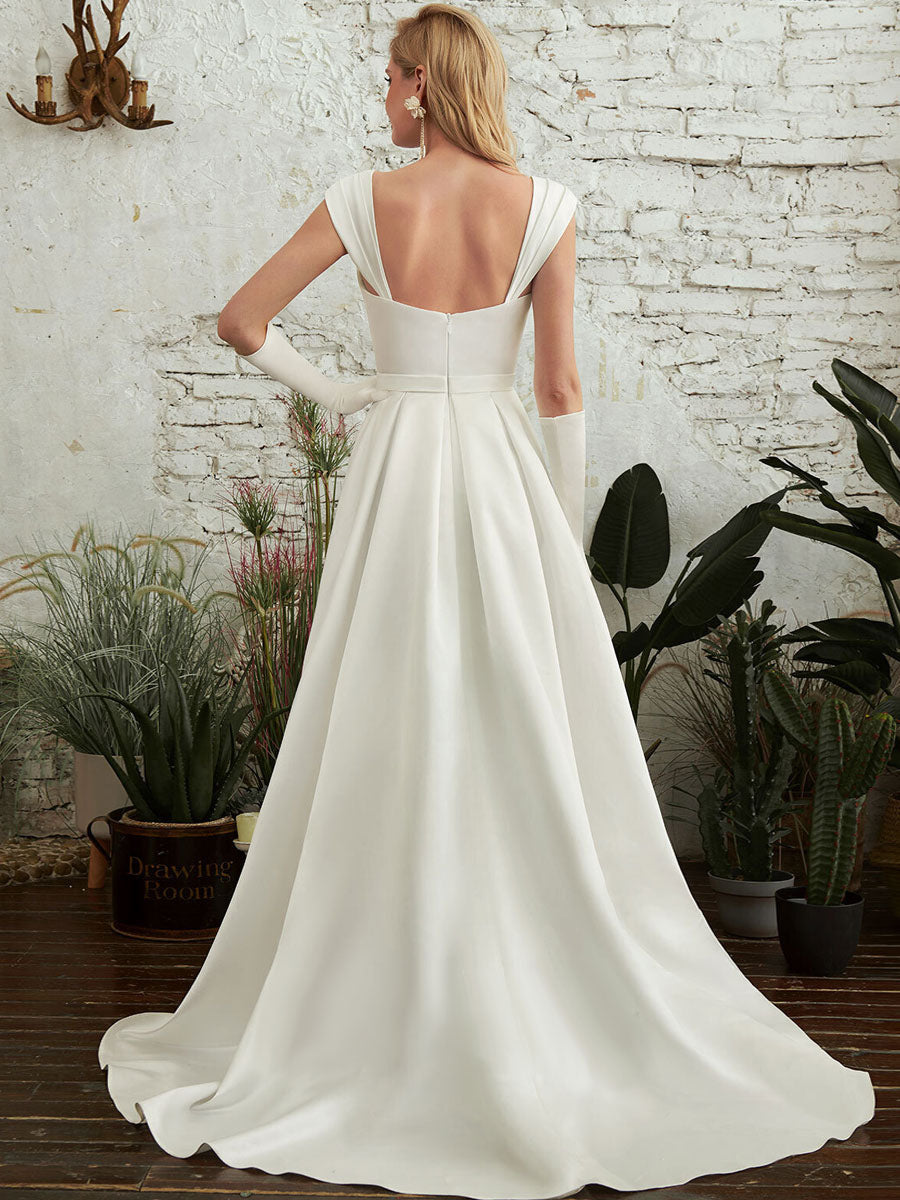 Simple Ivory Lace A Line Backless Side Slit Beach Wedding Dress