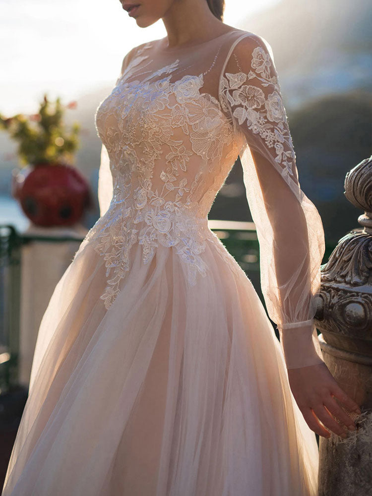 Wedding Dresses A-line Illusion Neck Long Sleeve Long Tulle Pleated Bridal Dress With Train