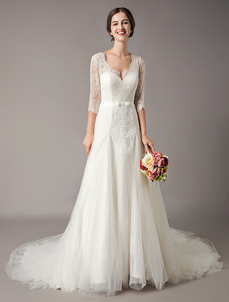 Wedding Dresses A-line Ivory Chic V-Neck Lace Tulle Half Sleeve Bridal Dress With Train