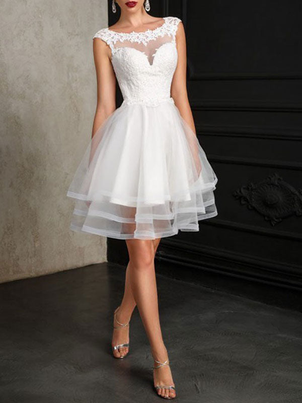 Wedding Dresses A-line Jewel Neck Sleeveless Tulle Short Bridal Dress