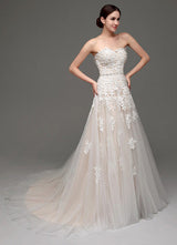 Wedding Dresses Champagne Tulle Strapless Sweatheart Lace Sash Bridal Gown