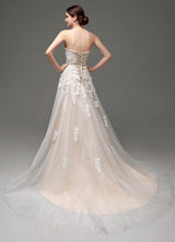 Wedding Dresses Champagne Tulle Strapless Sweatheart Lace Sash Bridal Gown