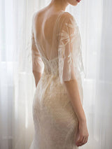 Wedding Dresses Column Sihouette Half Sleeve Chic V-Neck Long Bamboo Leaf Lace Bridal Gown