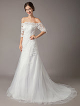 Wedding Dresses Ivory Lace Off Shoulder Half Sleeve Sequin Applique Bridal Dress With Train Exclusive