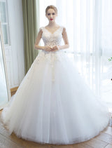 Wedding Dresses Princess Ball Gown Ivory Bridal Gown Chic V-Neck Illusion Sexy Backless Lace Applique Tulle Bridal Dress With Train