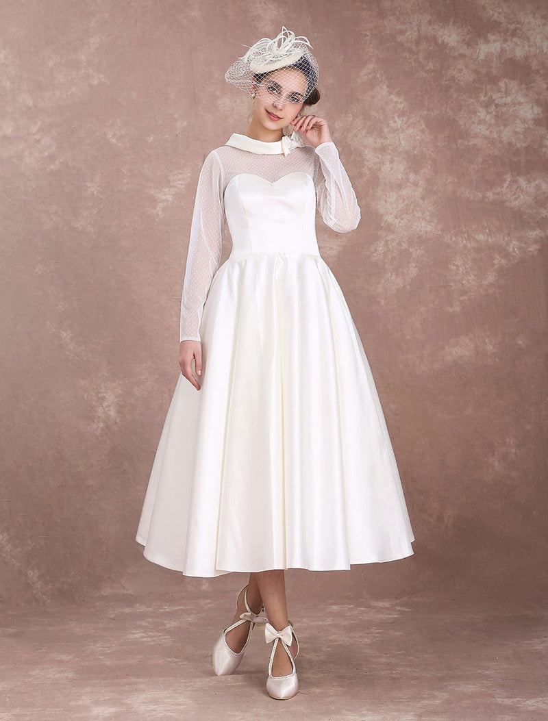 Wedding Dresses Short 1950s Retro Bridal Dress Long Sleeve Sweetheart Neckline Satin Ivory Rockabilly Wedding Dress Exclusive