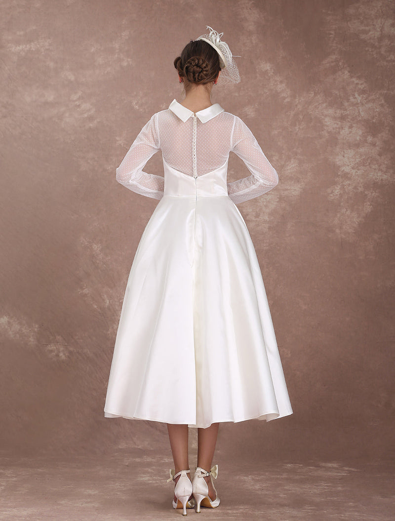 Wedding Dresses Short 1950s Retro Bridal Dress Long Sleeve Sweetheart Neckline Satin Ivory Rockabilly Wedding Dress Exclusive