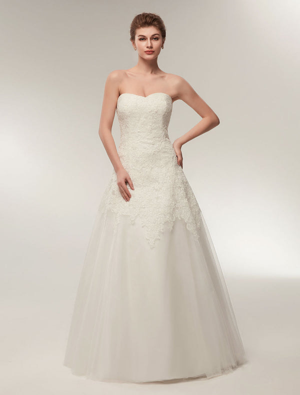 Wedding Dresses Strapless Lace Maxi Bridal Dress Sweetheart Neckline Long Ivory Wedding Gowns