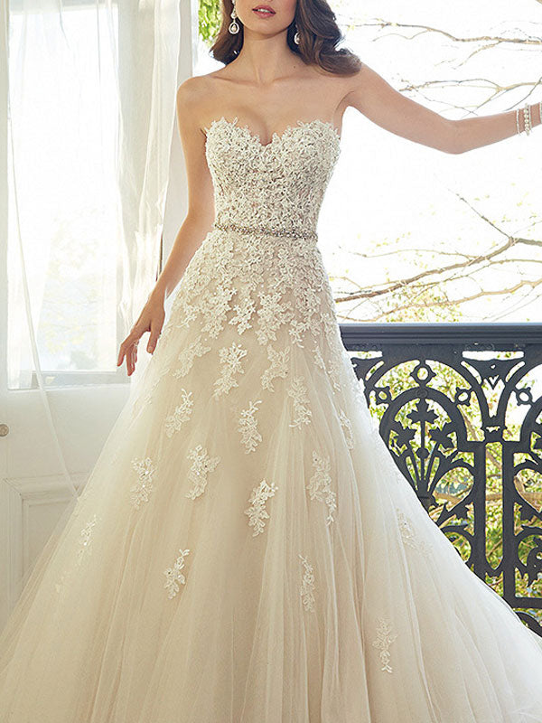 Wedding Dresses Tulle A-line Sweetheat Neck Sleeveless Long Lace Appliqued Bridal Gowns With Train
