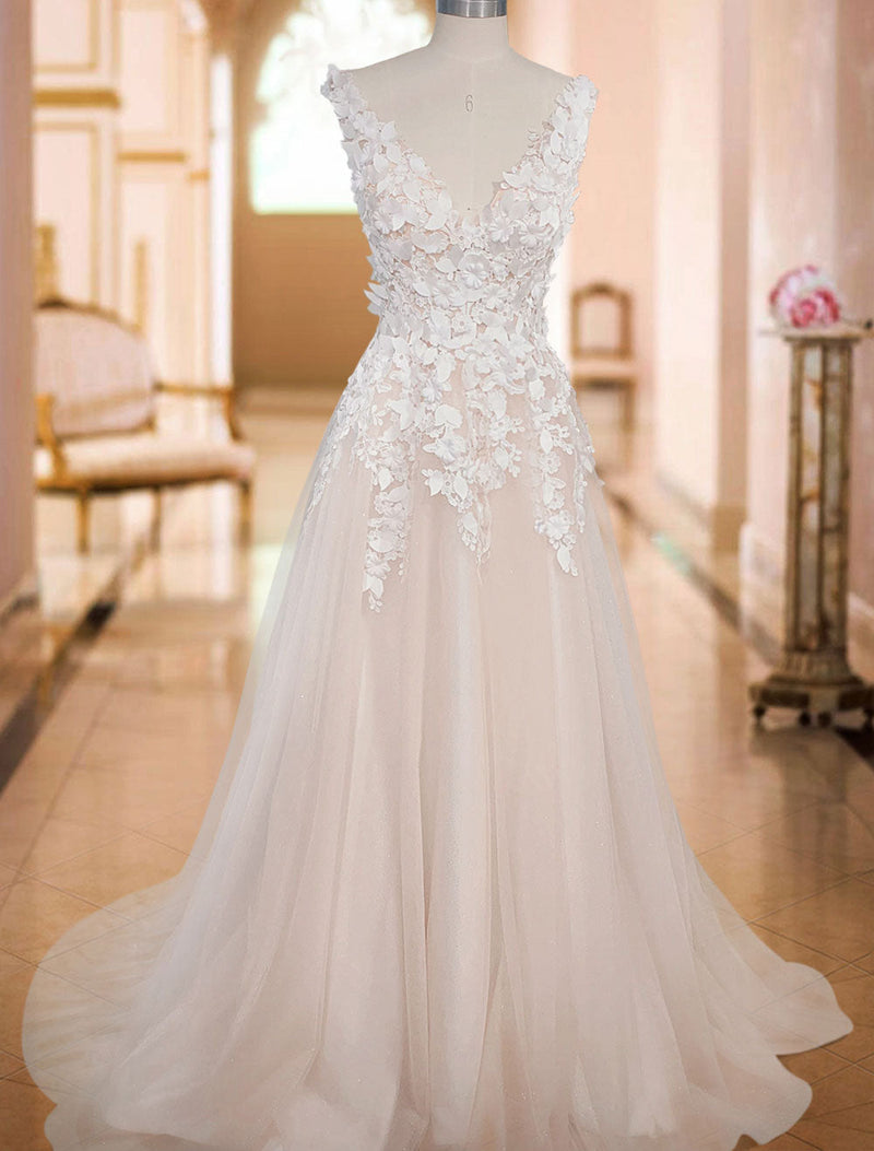 Wedding Dresses Tulle Deep V-Neck A-line Sleeveless Multilayer Tulle Lace Applique Elegant Bridal Gowns With Train