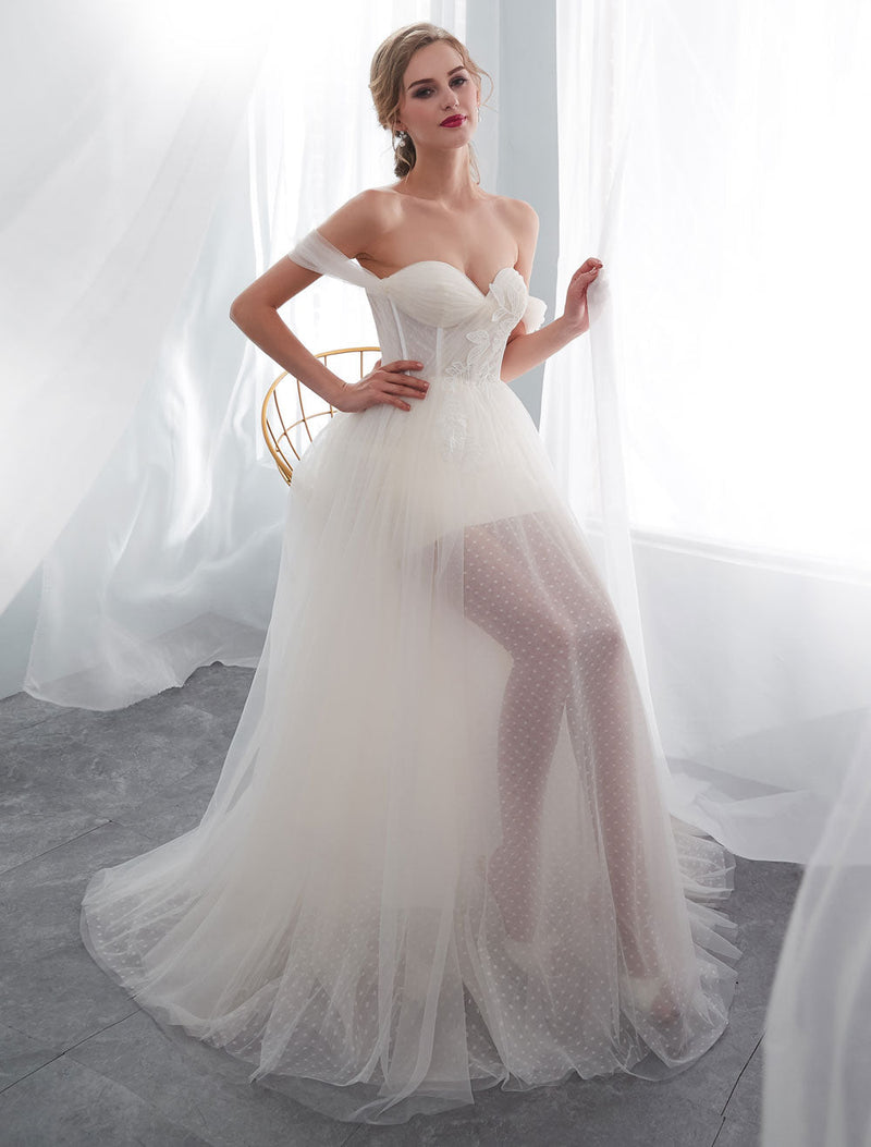 Wedding Dresses Tulle Ivory Off The Shoulder Sweetheart Beach Bridal Dress With Train