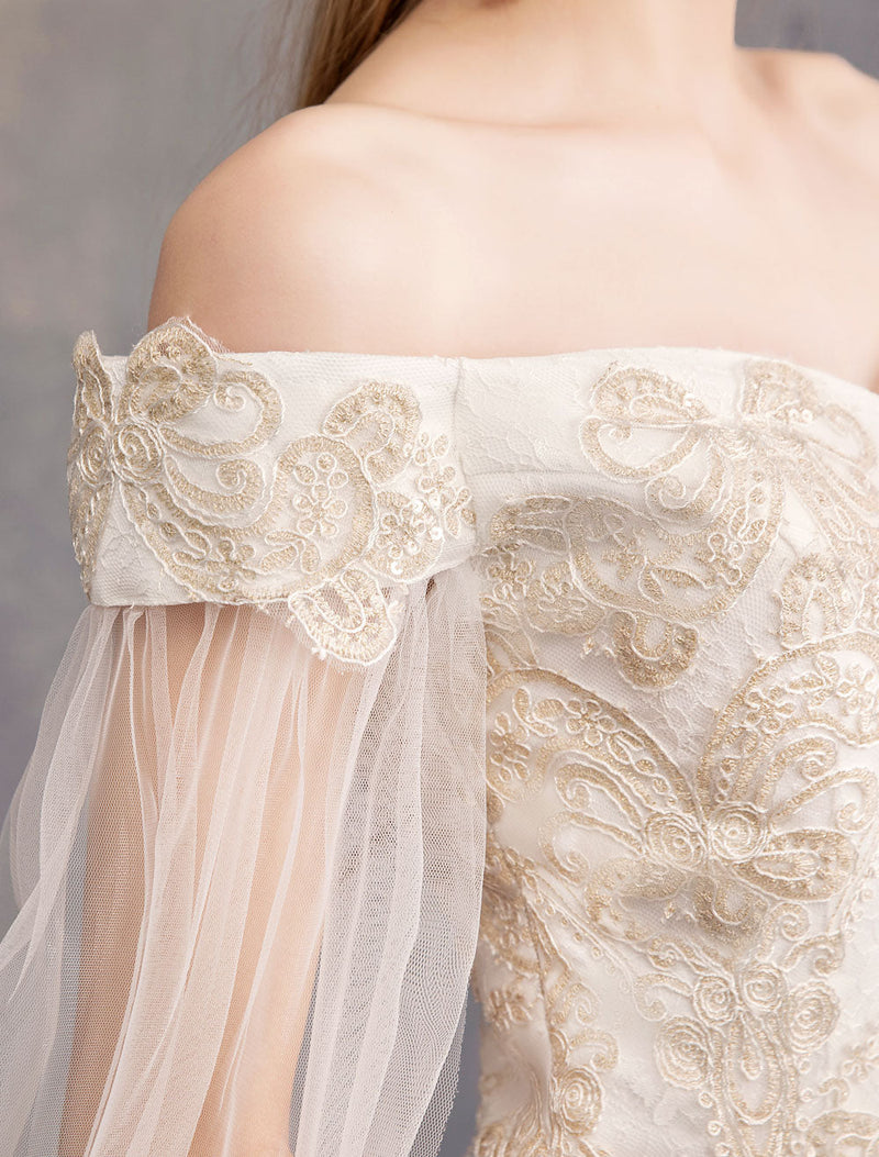 Wedding Dresses Tulle Off The Shoulder Short Sleeve Lace Applique Princess Bridal Gown