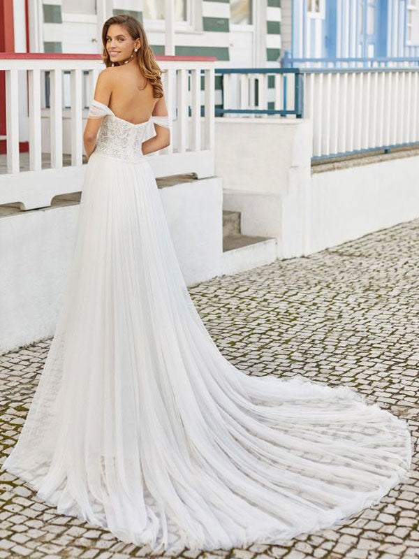 Wedding Dresses With Train A-Line Long Sleeveless Beaded Sweetheart Neck Bridal Gowns