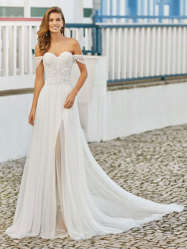 Wedding Dresses With Train A-Line Long Sleeveless Beaded Sweetheart Neck Bridal Gowns