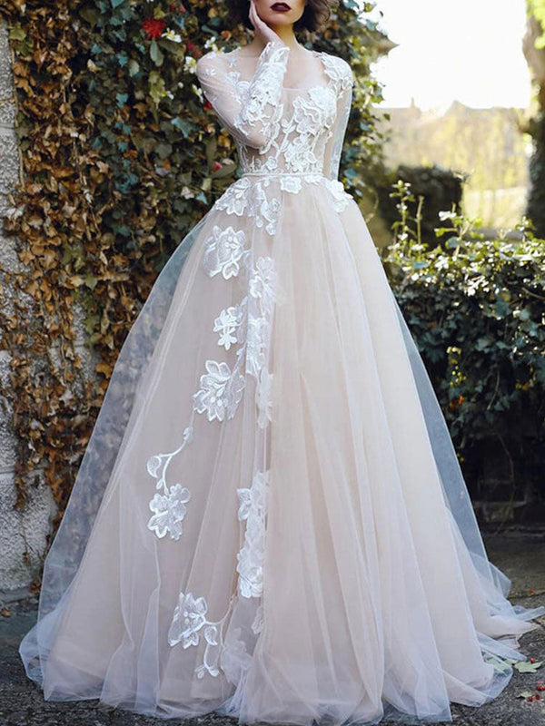 Wedding Dresses With Train Flesh Color Square Neck Long Sleeves Lace A-Line Bridal Gown