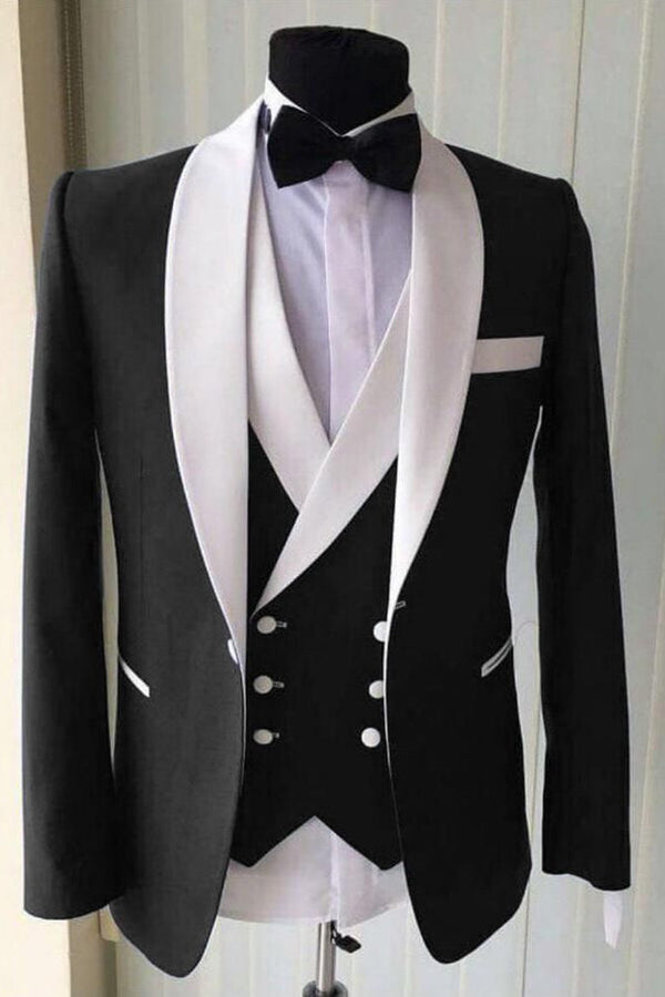 Wedding Groom White Lapel Shawl Lapel Gorgeous 3 Piece Black Men's Suit for Formal