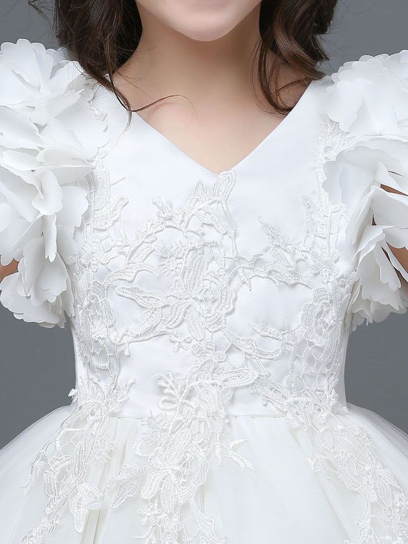 White A-Line Zipper V-Neck Sleeveless Tulle Flowers Kids Party Dresses