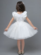 White A-Line Zipper V-Neck Sleeveless Tulle Flowers Kids Party Dresses