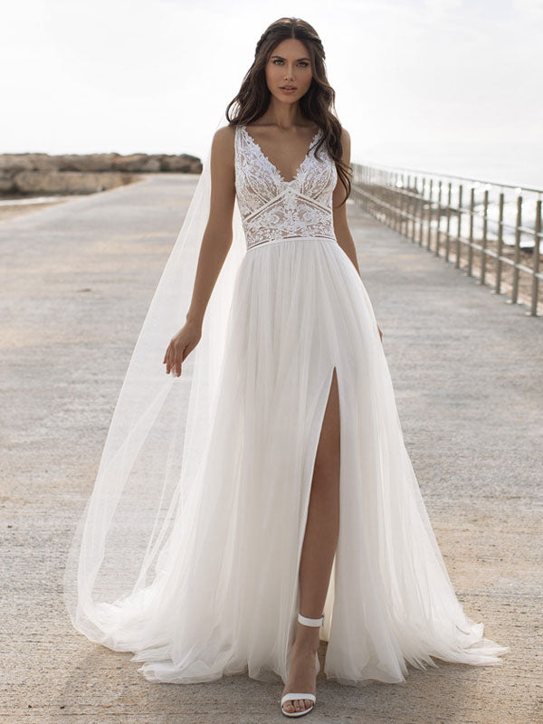 White Casual Wedding Dress Chic V-Neck Sleeveless Sexy Backless Lace Chiffon A-Line Long Bridal Gowns