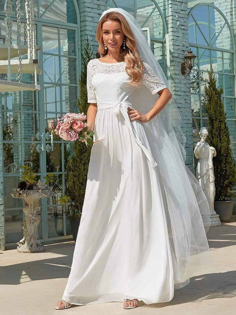 White Casual Wedding Dress Chiffon Jewel Neck Short Sleeves Sash A-Line Long Bridal Gowns