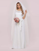 White Casual Wedding Dress Chiffon Jewel Neck Short Sleeves Sash A-Line Long Bridal Gowns