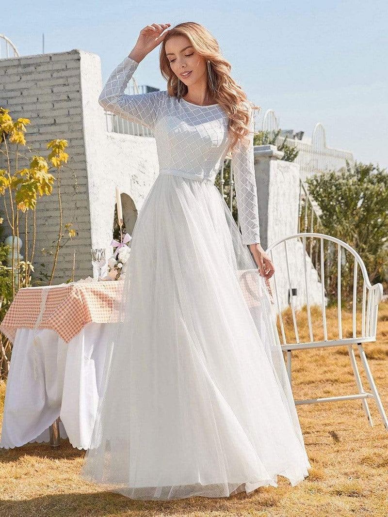 White Casual Wedding Dress Jewel Neck Long Sleeves A-Line Tulle Long Bridal Gowns