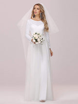 White Casual Wedding Dress Jewel Neck Long Sleeves A-Line Tulle Long Bridal Gowns