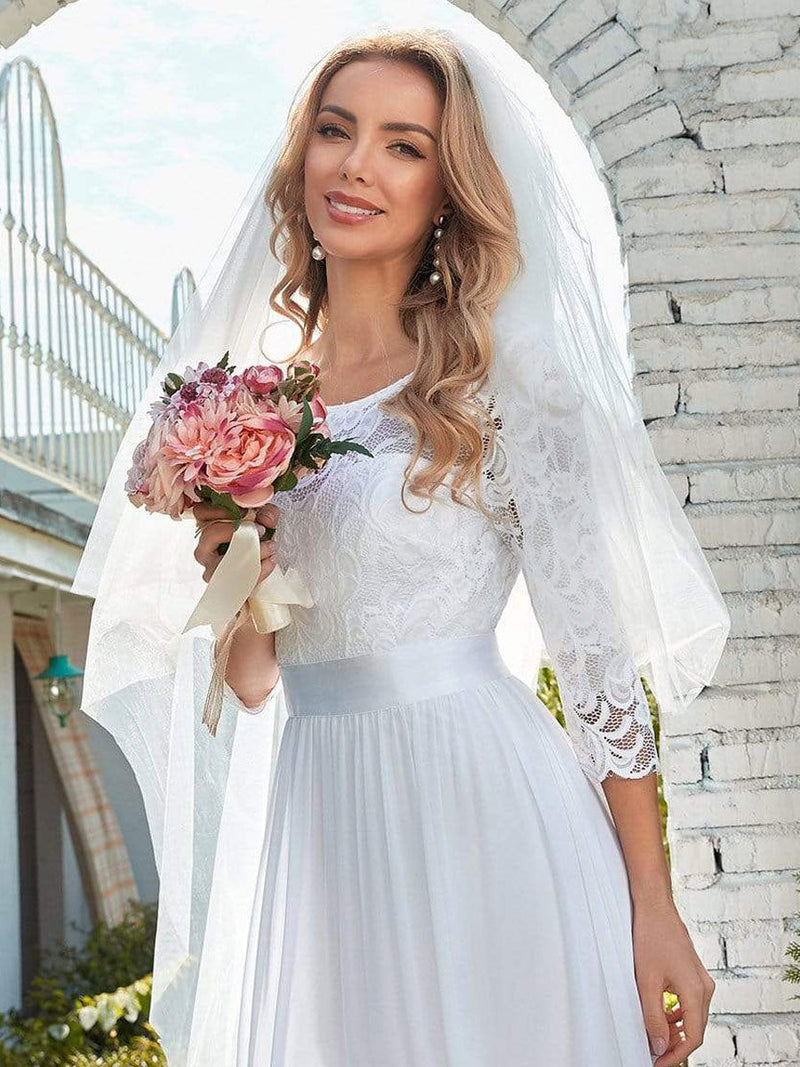 White Casual Wedding Dress Lace Jewel Neck Lace Chiffon Half Sleeves A-Line Bridal Gowns
