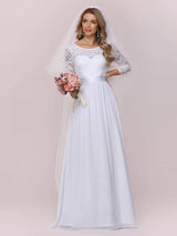 White Casual Wedding Dress Lace Jewel Neck Lace Chiffon Half Sleeves A-Line Bridal Gowns