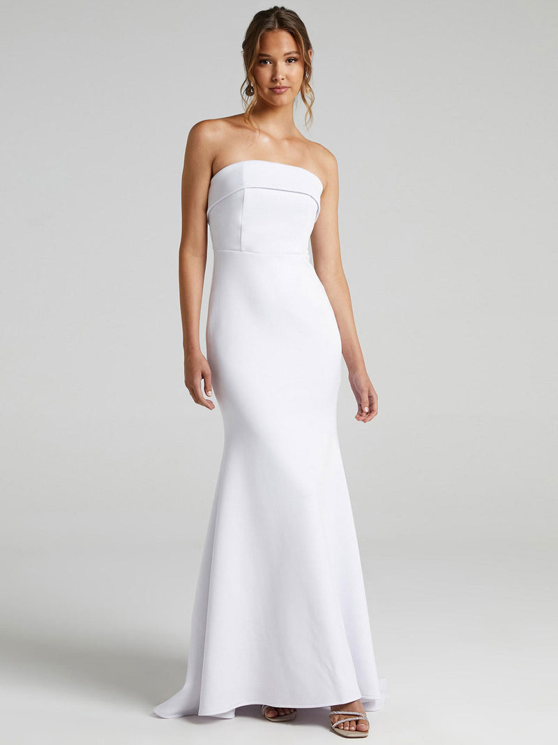 White Casual Wedding Dress Mermaid Brush Train Zipper Strapless Polyester Bridal Gowns
