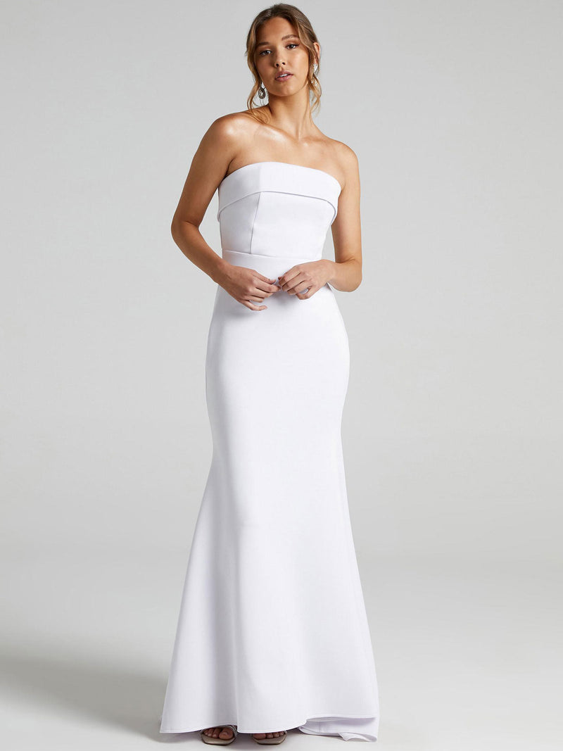 White Casual Wedding Dress Mermaid Brush Train Zipper Strapless Polyester Bridal Gowns