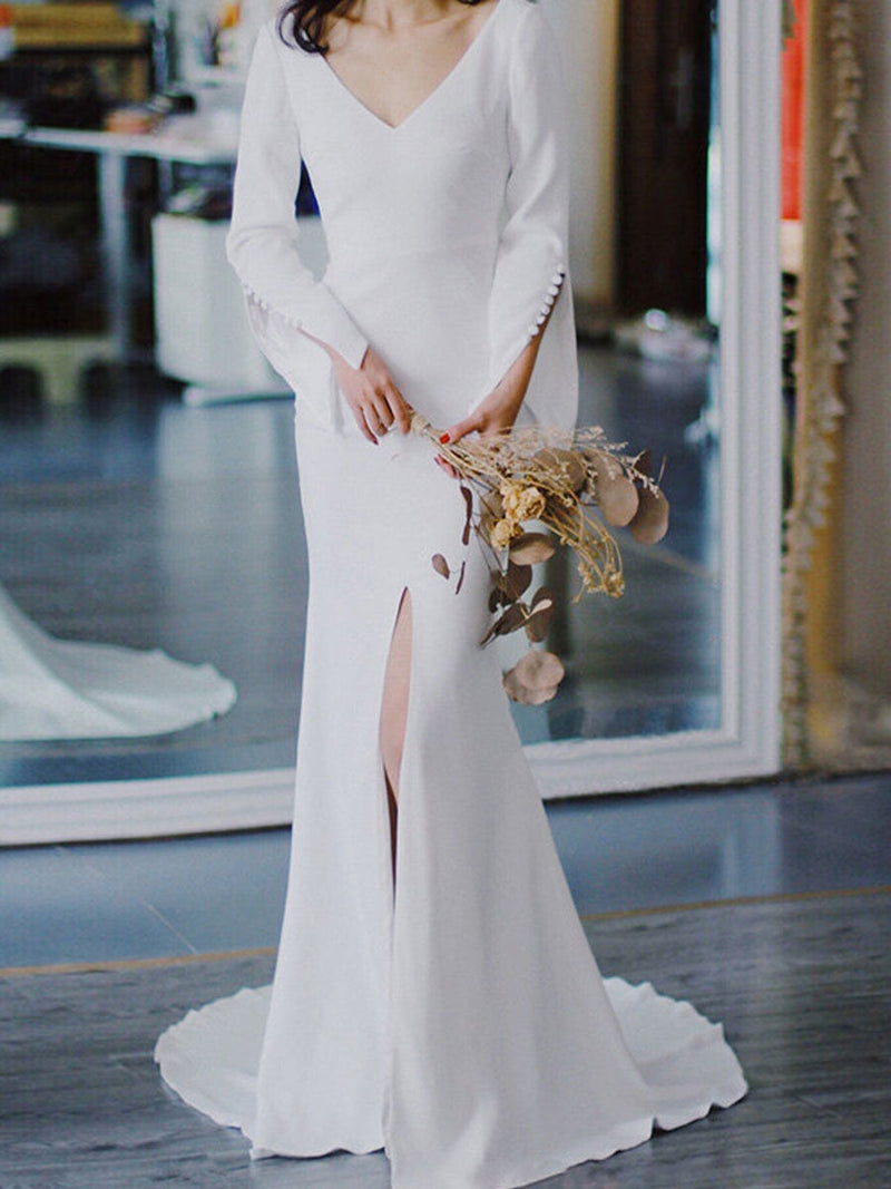 White Casual Wedding Dress Satin Fabric Chic V-Neck Long Sleeves Buttons Mermaid Bridal Gowns
