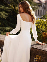 White Casual Wedding Dress Satin Fabric Square Neck Long Sleeves A-Line Long Bridal Gowns