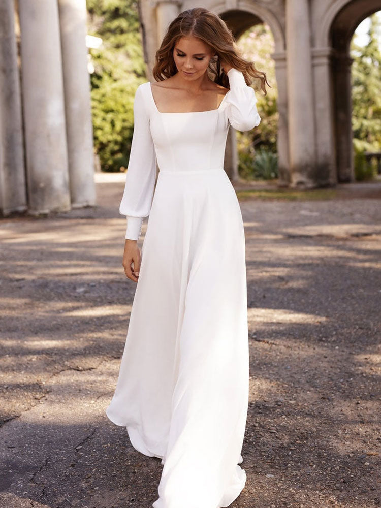 White Casual Wedding Dress Satin Fabric Square Neck Long Sleeves A-Line Long Bridal Gowns