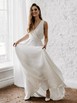 White Casual Wedding Dress With Train Chic V-Neck Sleeveless Sexy Backless Lace A-Line Chiffon Bridal Gowns