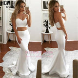 White Designer Two Pieces Formal Evening Dresses Mermaid Sweetheart Sleeveless Front Slit Formal Dresses