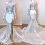White Glamorous Lace Long Sleeves Prom Dresses Sheer Tulle Slit Mermaid Evening Gowns