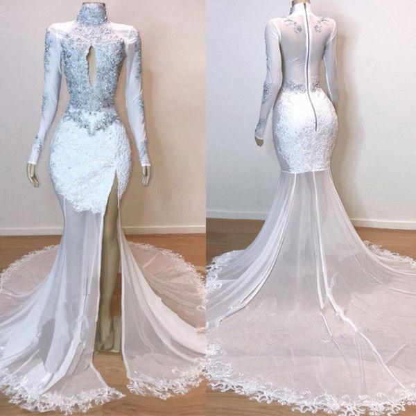 White Glamorous Lace Long Sleeves Prom Dresses Sheer Tulle Slit Mermaid Evening Gowns