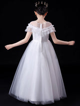 White Illusion Neckline Short Sleeves Ankle-Length Princess Dress Flowers Beaded Embellishment Tulle Kids Party Dresses