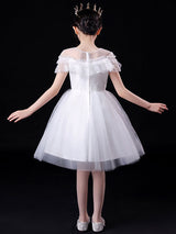 White Illusion Neckline Short Sleeves Tulle Princess Dress Flowers Beaded Embellishment Kids Party Dresses