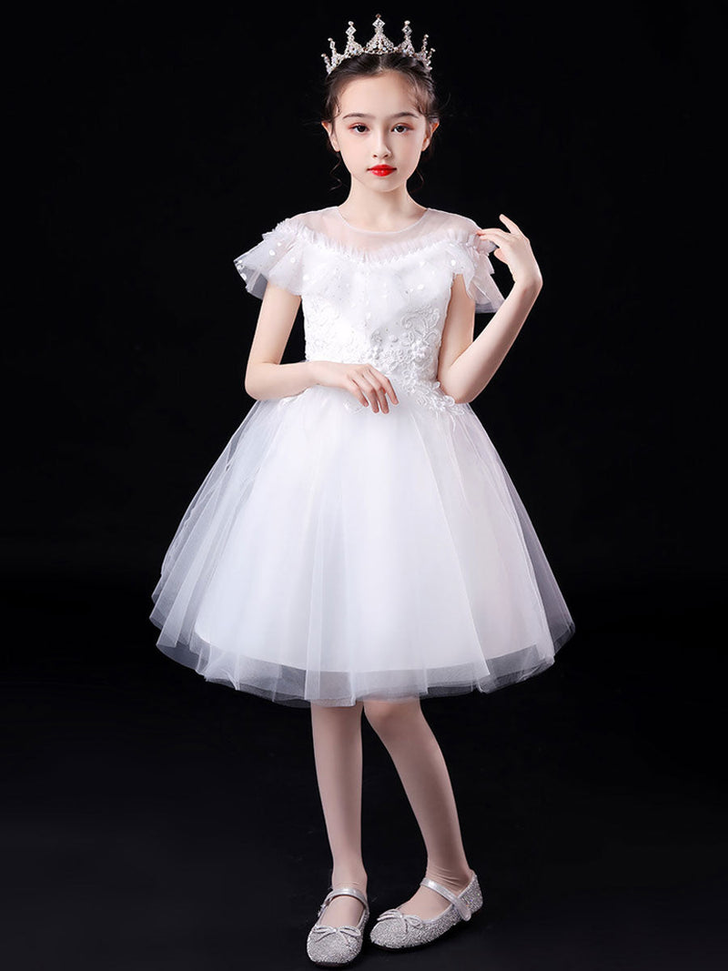 White Illusion Neckline Short Sleeves Tulle Princess Dress Flowers Beaded Embellishment Kids Party Dresses