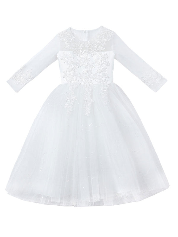 White Jewel Neck 3/4 Length Sleeves Tulle Polyester Cotton Flowers Formal Kids Pageant flower girl dresses
